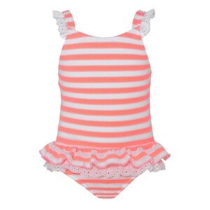 Sunuva Swimming Suit, 18-24 M, Sherbet Pink Striped Textured, Bow, Eyelet Ruffle